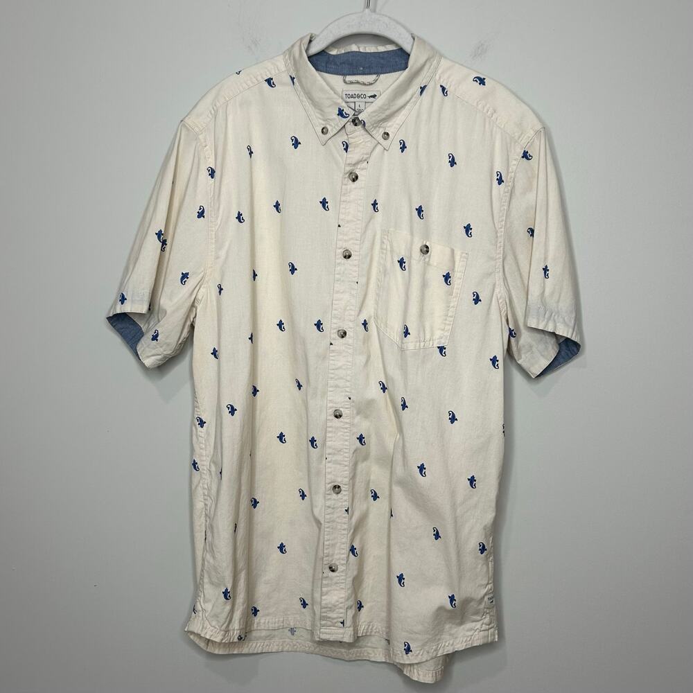 Toad & Co. Button Down Shirt Size L Short Sleeves Fish Print Organic Cotton